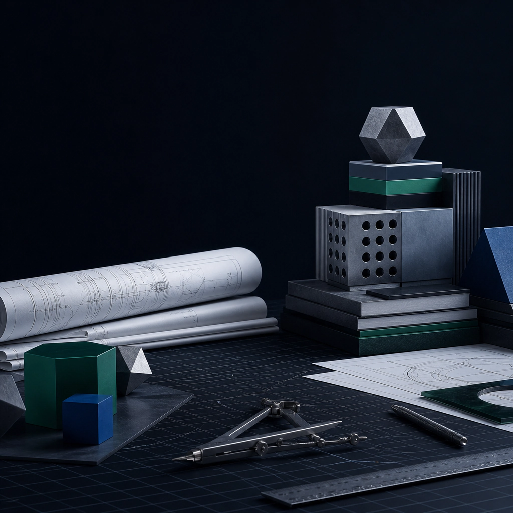 A workshop still-life of drafting tools, drawings and finished modules.