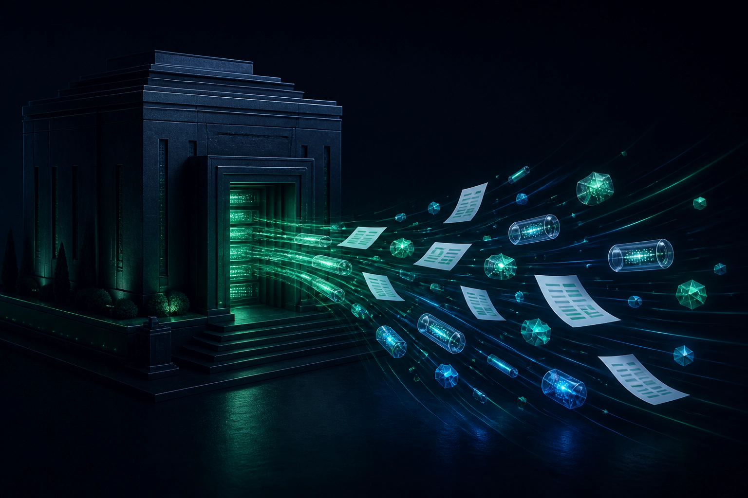 Documents, data and software streaming out of a secure building.